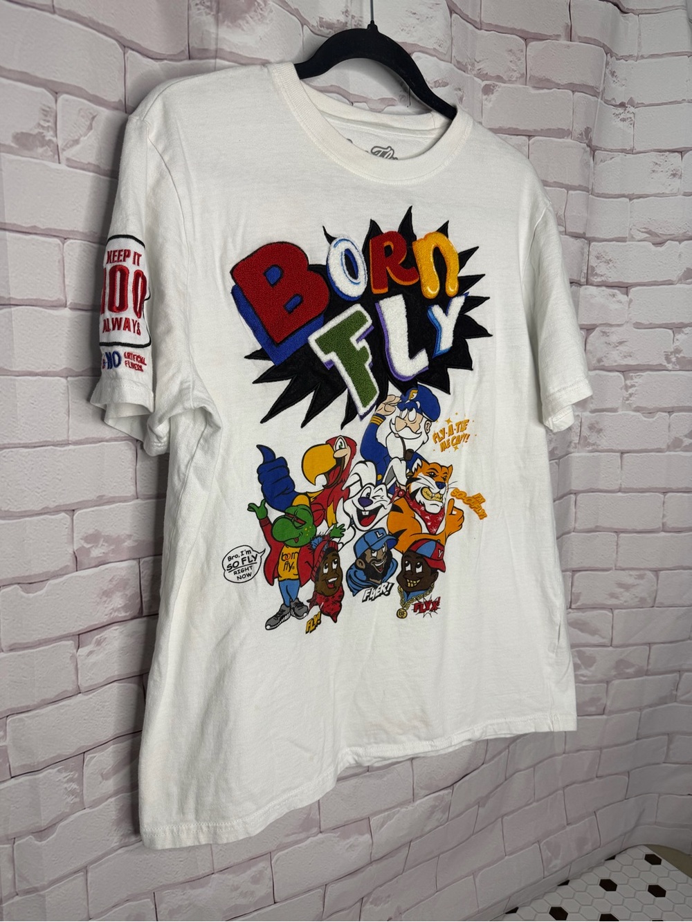 Born Fly Graphic T Shirt Size Large Streetwear Y2K Hip Hop Cartoon Tee